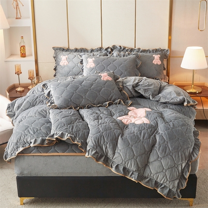 屹成 2024新款水晶绒夹棉床笠款四件套贴布绣款-小熊款 银灰