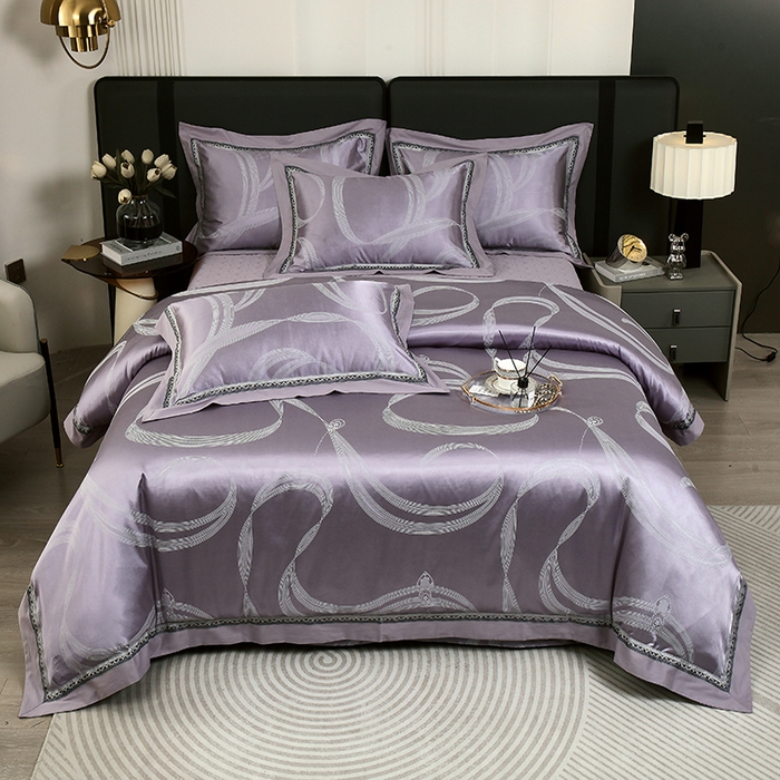 91家纺网 家纺一手货源 找家纺 小时代家纺 2023新款纯棉贡缎提花夹棉床盖四件套 炫美生活灰紫
