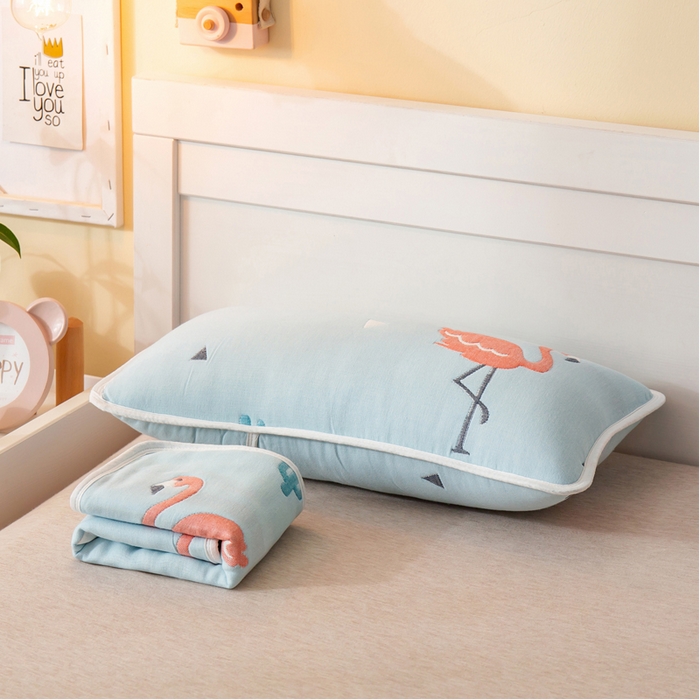 91家纺网 家纺一手货源 找家纺 2023全棉卡通六层纱布儿童枕套-朴尔 辛福鸟蓝-纱布枕套