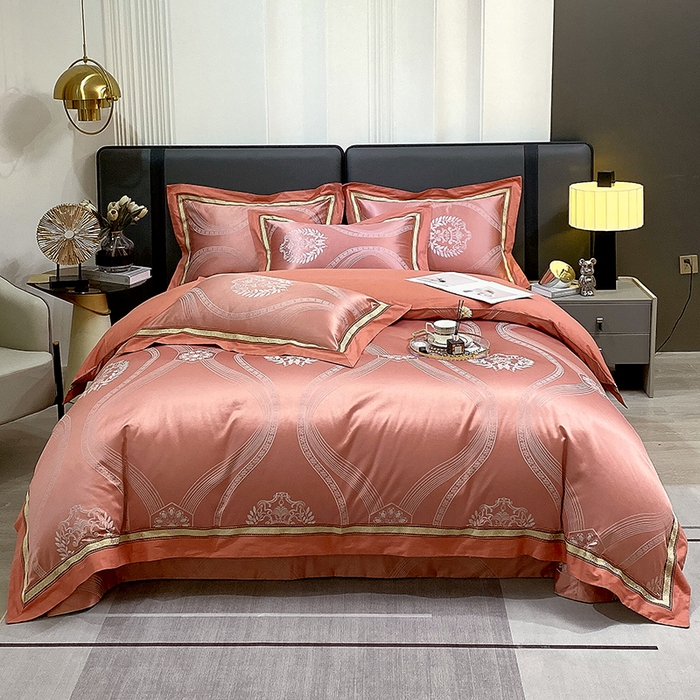 91家纺网 家纺一手货源 找家纺 小时代家纺 2023新款纯棉贡缎提花夹棉床盖四件套 卡伦桔色