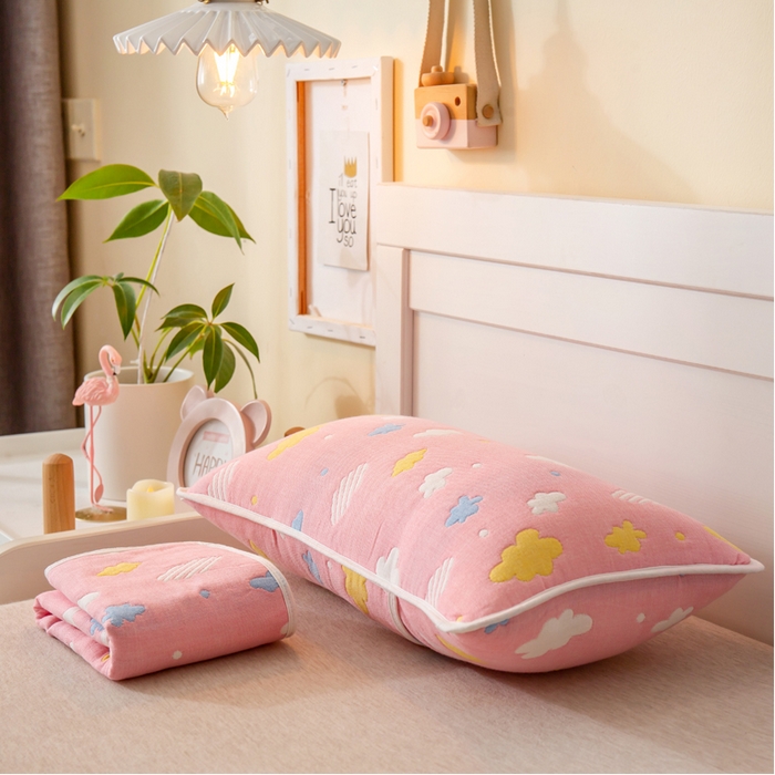 91家纺网 家纺一手货源 找家纺 2023全棉卡通六层纱布儿童枕套-朴尔 彩云粉-纱布枕套