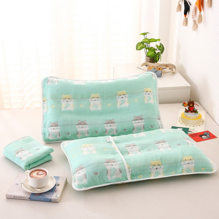 91家纺网 家纺一手货源 找家纺 朴尔家纺-毛巾被 2023年全棉卡通六层纱布儿童枕套 土拨鼠绿