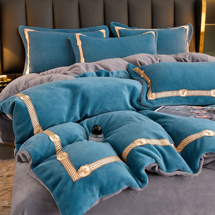 91家纺网 家纺一手货源 找家纺 云家 （包含买家秀）2023新款高克重牛奶绒纯色双拼刺绣四件套珊瑚绒 凯迪系列 凯迪-宾利兰+高级灰