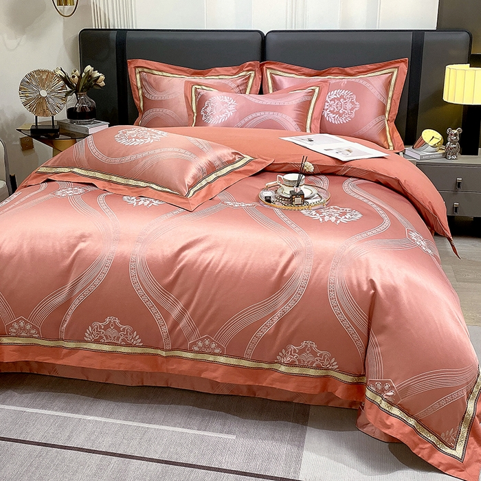 91家纺网 家纺一手货源 找家纺 小时代家纺 2023新款纯棉贡缎提花夹棉床盖四件套 卡伦桔色