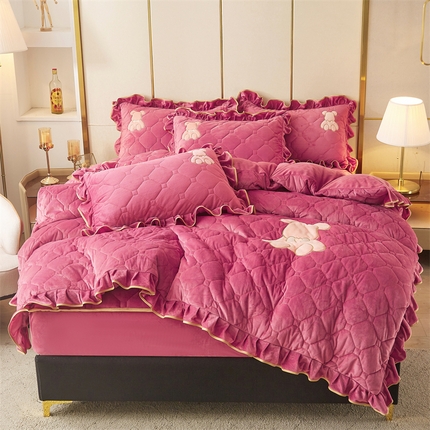 屹成 2024新款水晶绒夹棉床笠款四件套贴布绣款-小熊款 豆沙