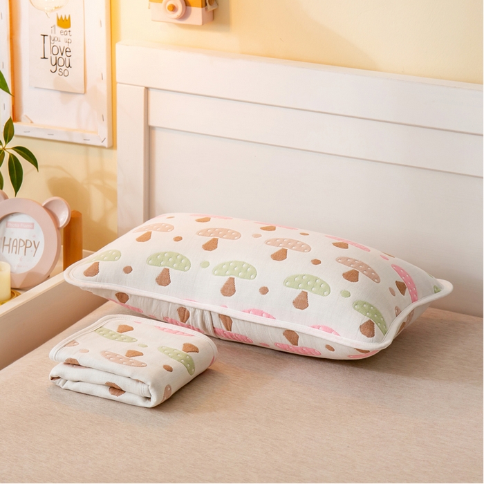 91家纺网 家纺一手货源 找家纺 2023全棉卡通六层纱布儿童枕套-朴尔 日式蘑菇-纱布枕套