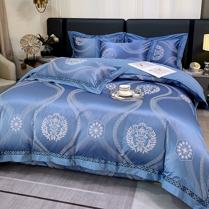 91家纺网 家纺一手货源 找家纺 小时代家纺 2023新款纯棉贡缎提花夹棉床盖四件套 卡伦蓝色