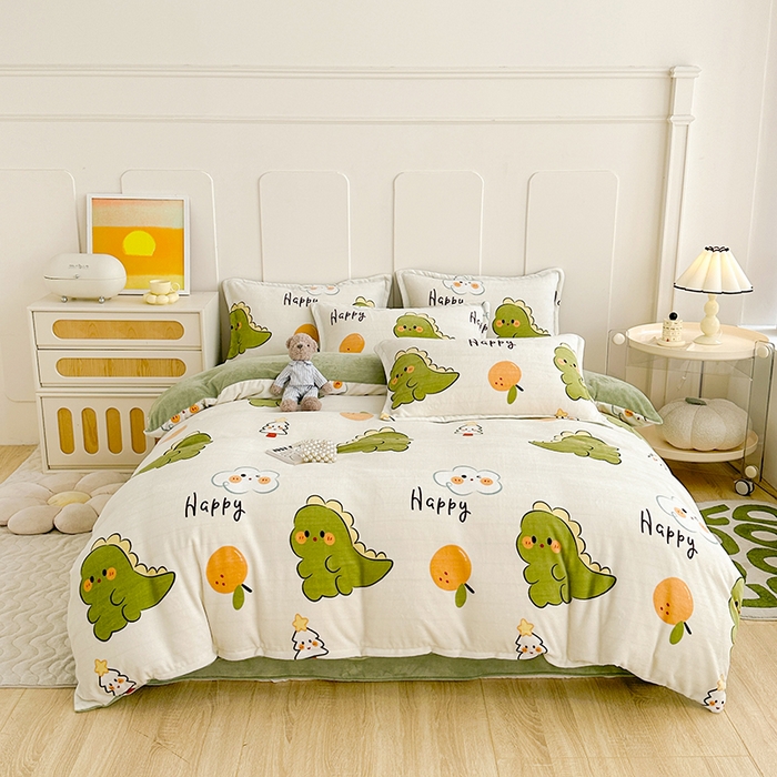 91家纺网 家纺一手货源 找家纺 家贝爱 2023新款加厚牛奶绒四件套 欢乐恐龙