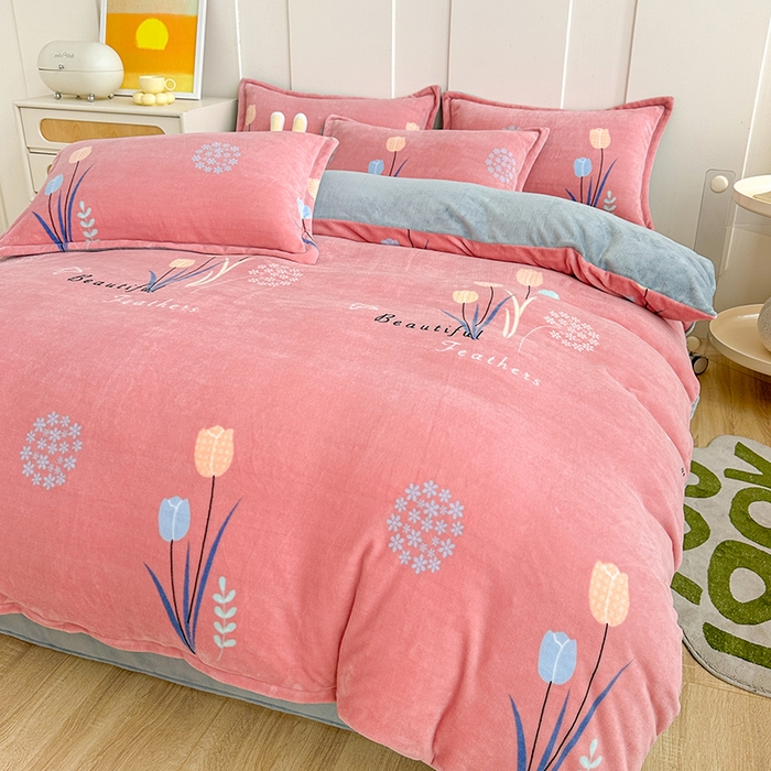 91家纺网 家纺一手货源 找家纺 家贝爱 2023新款加厚牛奶绒四件套 花开浪漫