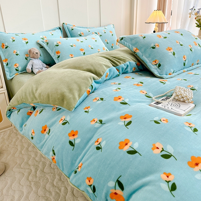 91家纺网 家纺一手货源 找家纺 家贝爱 2023新款加厚牛奶绒四件套 蓝色庄园