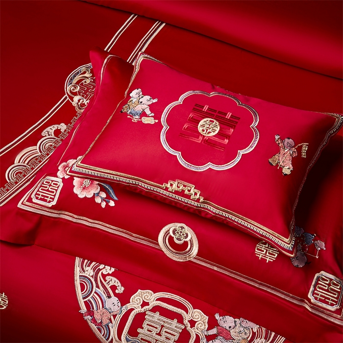 91家纺网 家纺一手货源 找家纺 （总）高大尚 2023新款长绒棉四件套囍嫁系列-八方来喜