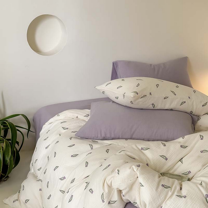 91家纺网 家纺一手货源 找家纺 山舍家居 2023新款全棉双层纱印花四件套 紫色郁金香