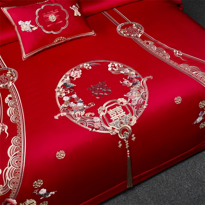 91家纺网 家纺一手货源 找家纺 （总）高大尚 2023新款长绒棉四件套囍嫁系列-八方来喜