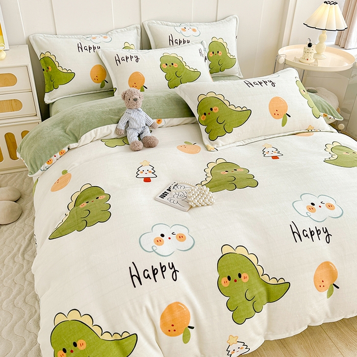 91家纺网 家纺一手货源 找家纺 家贝爱 2023新款加厚牛奶绒四件套 欢乐恐龙