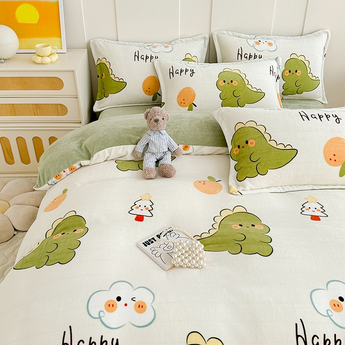 91家纺网 家纺一手货源 找家纺 家贝爱 2023新款加厚牛奶绒四件套 欢乐恐龙