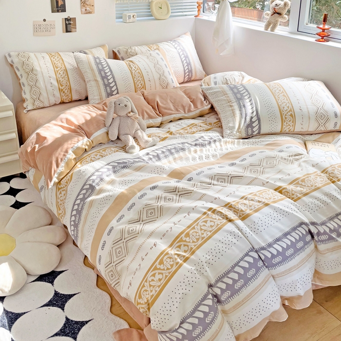 91家纺网 家纺一手货源 找家纺 盛馨家纺 2023新款棉加绒A版高支高密13372全棉加B版加厚宝宝绒牛奶绒床单床笠四件套 波西米亚