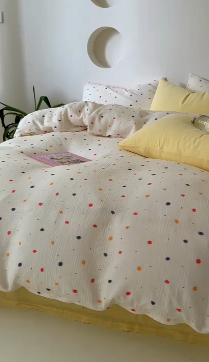 91家纺网 家纺一手货源 找家纺 山舍家居 2023新款全棉双层纱印花四件套 花火