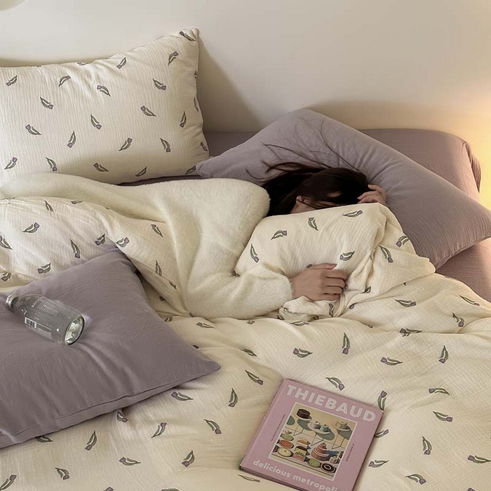 91家纺网 家纺一手货源 找家纺 山舍家居 2023新款全棉双层纱印花四件套 紫色郁金香