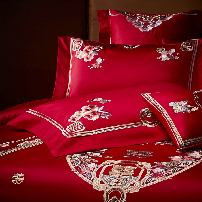 91家纺网 家纺一手货源 找家纺 （总）高大尚 2023新款长绒棉四件套囍嫁系列-八方来喜