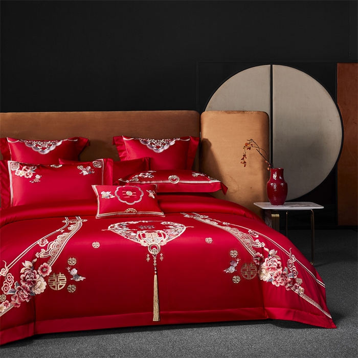 91家纺网 家纺一手货源 找家纺 （总）高大尚 2023新款长绒棉四件套囍嫁系列-八方来喜