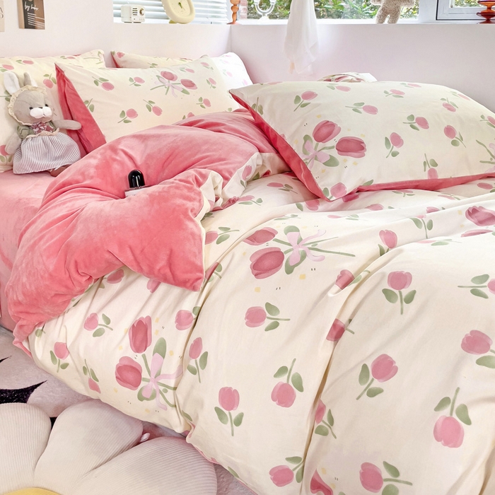 91家纺网 家纺一手货源 找家纺 盛馨家纺 2023新款棉加绒A版高支高密13372全棉加B版加厚宝宝绒牛奶绒床单床笠四件套 玫瑰庄园