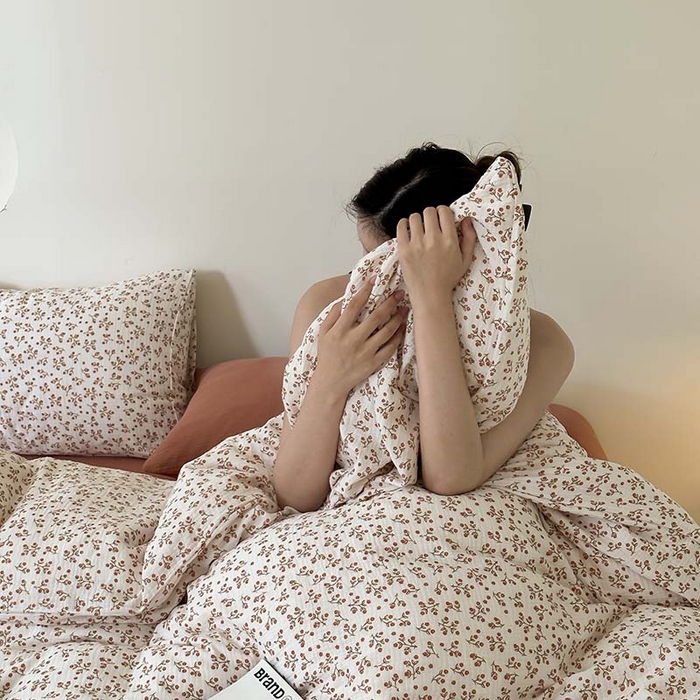 91家纺网 家纺一手货源 找家纺 山舍家居 2023新款全棉双层纱印花四件套 橘络