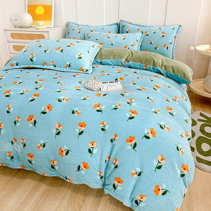 91家纺网 家纺一手货源 找家纺 家贝爱 2023新款加厚牛奶绒四件套 蓝色庄园