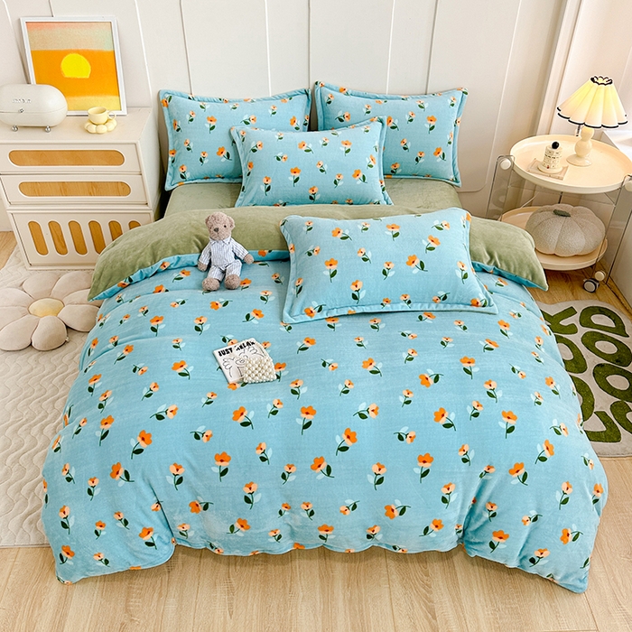 91家纺网 家纺一手货源 找家纺 家贝爱 2023新款加厚牛奶绒四件套 蓝色庄园