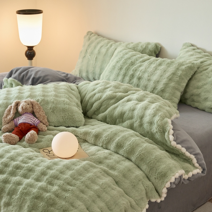 91家纺网 家纺一手货源 找家纺 同田家纺 2023新款兔毛绒兔兔绒獭兔绒牛奶绒四件套 格纹-绿