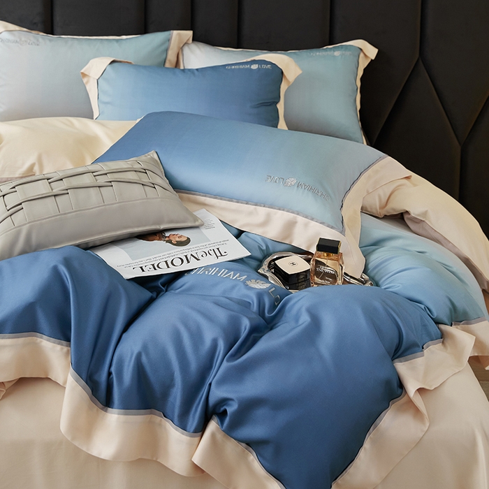 91家纺网 家纺一手货源 找家纺 榻尚家居 2023新款进口澳棉活性数码印花+刺绣四件套--极光系列 静谧蓝