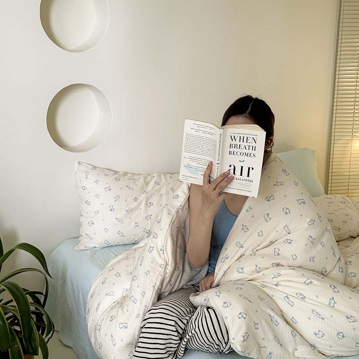 91家纺网 家纺一手货源 找家纺 山舍家居 2023新款全棉双层纱印花四件套 萌萌兔