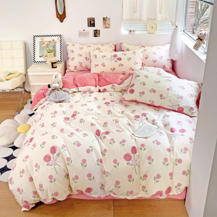 盛馨家纺 2023新款棉加绒A版高支高密13372全棉加B版加厚宝宝绒牛奶绒床单床笠四件套 玫瑰庄园