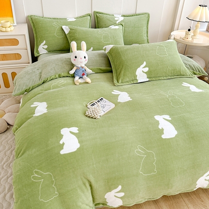 91家纺网 家纺一手货源 找家纺 家贝爱 2023新款加厚牛奶绒四件套 萌萌兔-绿