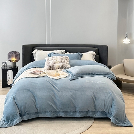 榻尚家居 2023新款进口蕾丝缕空260克公主绒秋冬款四件套-低调的华丽 低调的华丽-海雾蓝