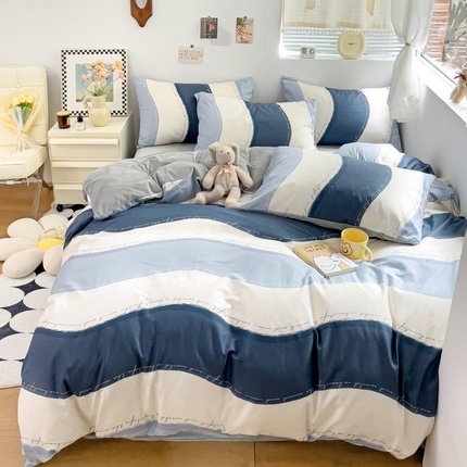 盛馨家纺 2023新款棉加绒A版高支高密13372全棉加B版加厚宝宝绒牛奶绒床单床笠四件套 简约时光