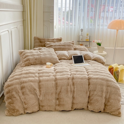 91家纺网 家纺一手货源 找家纺 昊川 2024新款兔毛绒牛奶绒加厚保暖四件套 温柔咖