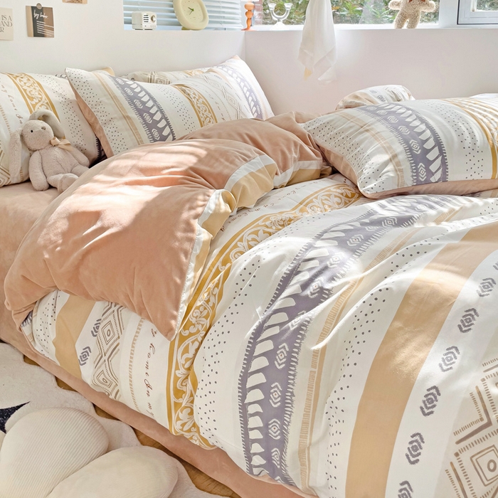 91家纺网 家纺一手货源 找家纺 盛馨家纺 2023新款棉加绒A版高支高密13372全棉加B版加厚宝宝绒牛奶绒床单床笠四件套 波西米亚