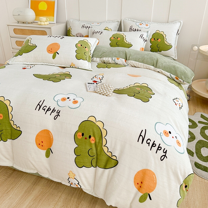 91家纺网 家纺一手货源 找家纺 家贝爱 2023新款加厚牛奶绒四件套 欢乐恐龙