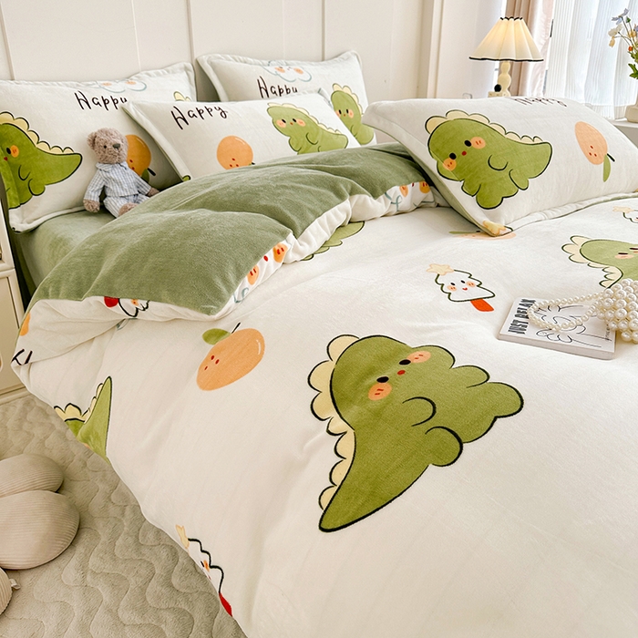 91家纺网 家纺一手货源 找家纺 家贝爱 2023新款加厚牛奶绒四件套 欢乐恐龙