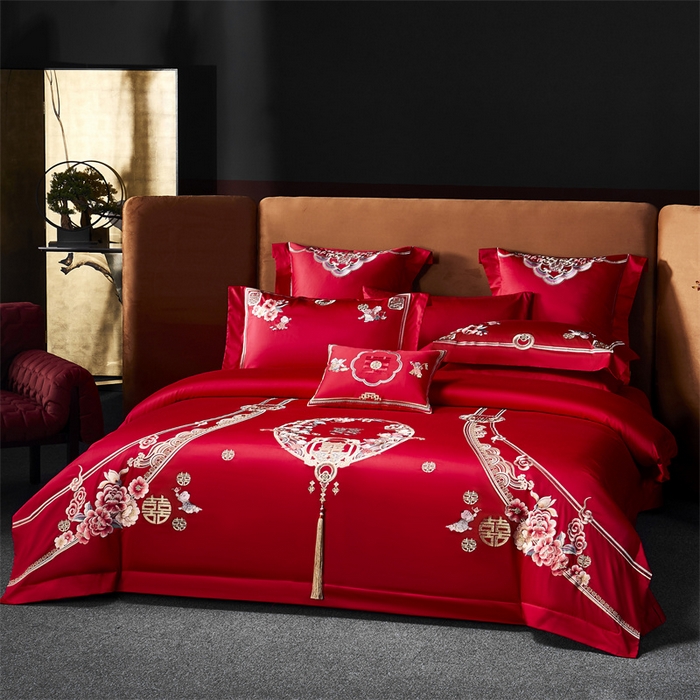 91家纺网 家纺一手货源 找家纺 （总）高大尚 2023新款长绒棉四件套囍嫁系列-八方来喜