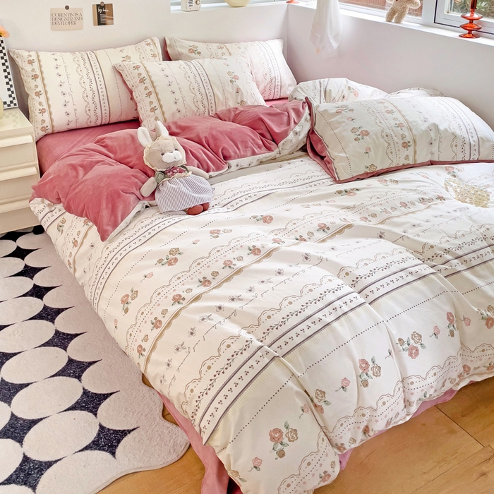 91家纺网 家纺一手货源 找家纺 盛馨家纺 2023新款棉加绒A版高支高密13372全棉加B版加厚宝宝绒牛奶绒床单床笠四件套 暖阳