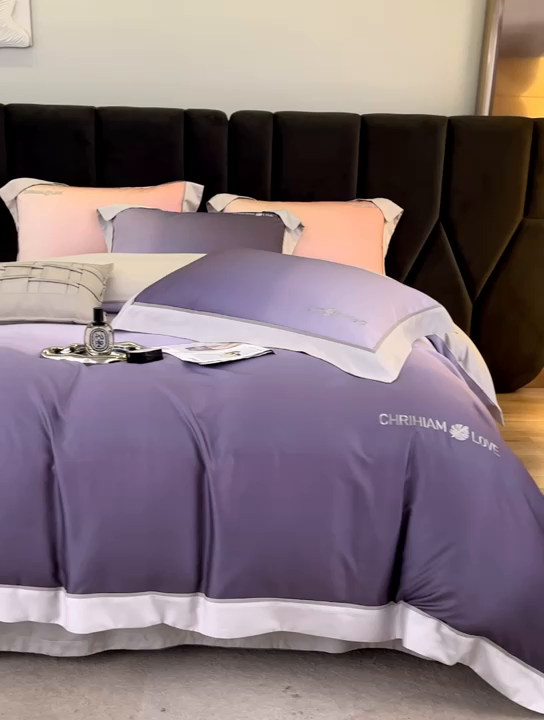 91家纺网 家纺一手货源 找家纺 榻尚家居 2023新款进口澳棉活性数码印花+刺绣四件套--极光系列 潋滟紫