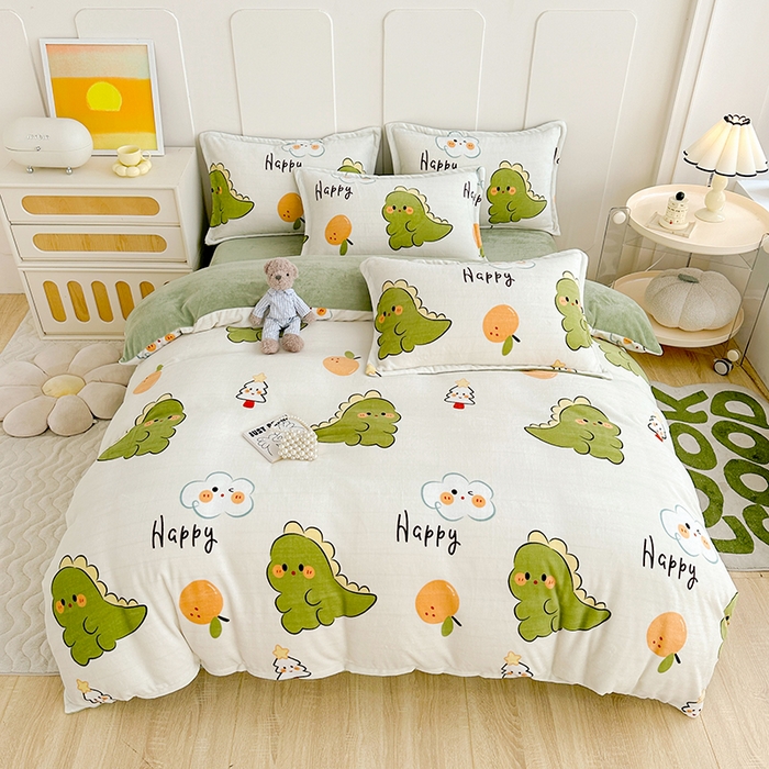 91家纺网 家纺一手货源 找家纺 家贝爱 2023新款加厚牛奶绒四件套 欢乐恐龙