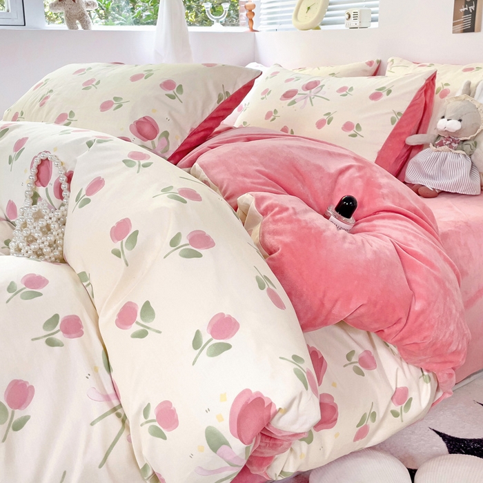 91家纺网 家纺一手货源 找家纺 盛馨家纺 2023新款棉加绒A版高支高密13372全棉加B版加厚宝宝绒牛奶绒床单床笠四件套 玫瑰庄园