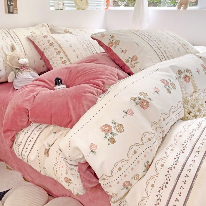 91家纺网 家纺一手货源 找家纺 盛馨家纺 2023新款棉加绒A版高支高密13372全棉加B版加厚宝宝绒牛奶绒床单床笠四件套 暖阳