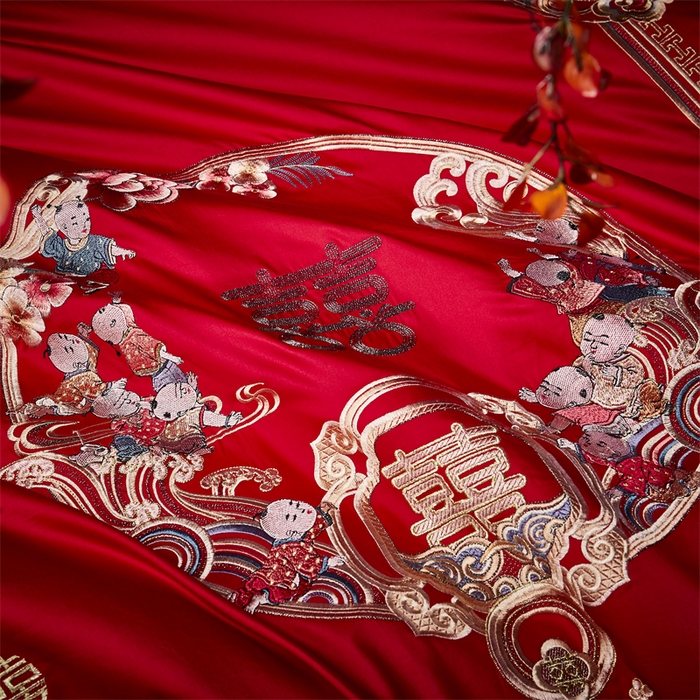 91家纺网 家纺一手货源 找家纺 （总）高大尚 2023新款长绒棉四件套囍嫁系列-八方来喜