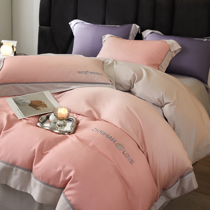 91家纺网 家纺一手货源 找家纺 榻尚家居 2023新款进口澳棉活性数码印花+刺绣四件套--极光系列 流珠粉