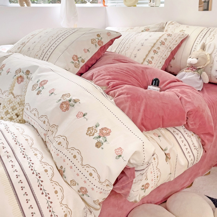 91家纺网 家纺一手货源 找家纺 盛馨家纺 2023新款棉加绒A版高支高密13372全棉加B版加厚宝宝绒牛奶绒床单床笠四件套 暖阳