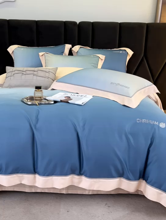 91家纺网 家纺一手货源 找家纺 榻尚家居 2023新款进口澳棉活性数码印花+刺绣四件套--极光系列 静谧蓝