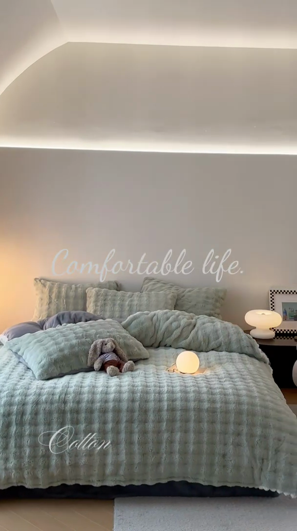 91家纺网 家纺一手货源 找家纺 同田家纺 2023新款兔毛绒兔兔绒獭兔绒牛奶绒四件套 格纹-绿